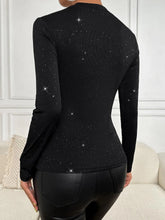 Rhinestone Fringe Trim Cut Out Mock Neck Tee